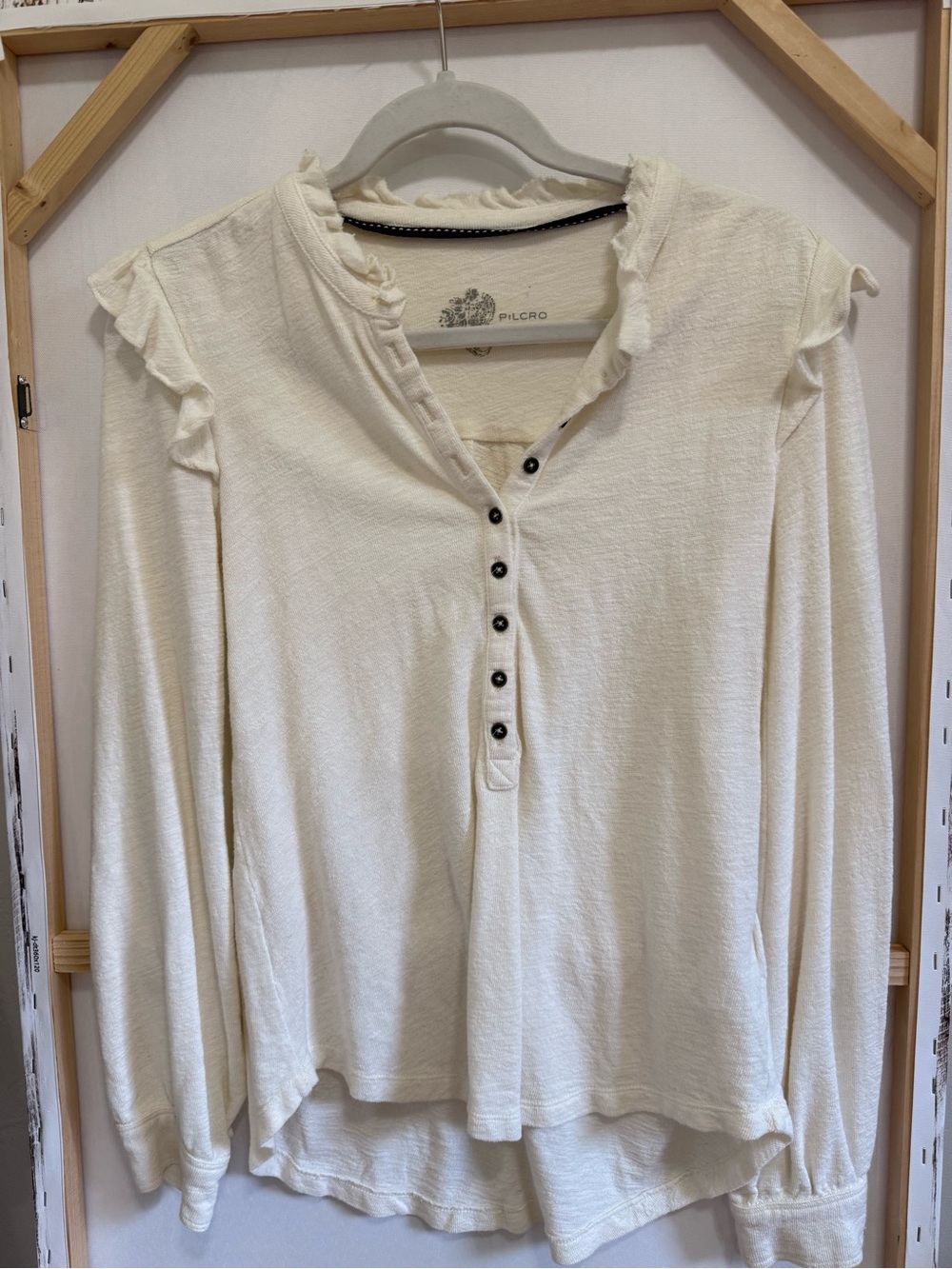 Pilcro Cream Ruffle-Trim Henley Long Sleeve Top